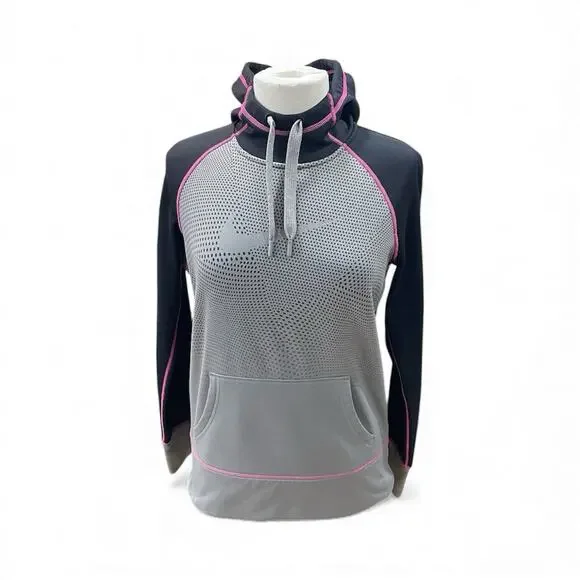 Nike Therma-Fit Hoodie Women’s Sz Medium Gray/Black/Pink Thumb Holes Activewear - Picture 1 of 13